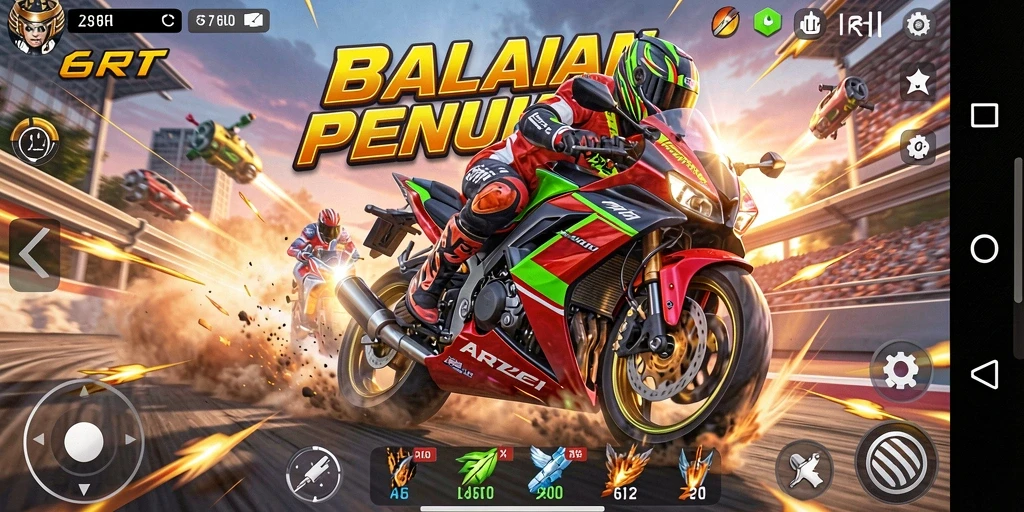 Screenshot gameplay menampilkan balapan motor yang mendebarkan.