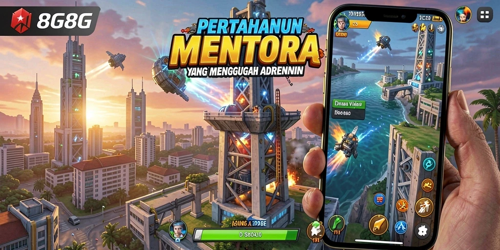 Tampilan gameplay menegangkan dalam menara pertahanan di 8G8G.