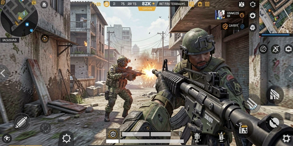 Gameplay intens dalam 8ZK, menunjukkan pertempuran yang mendebarkan.