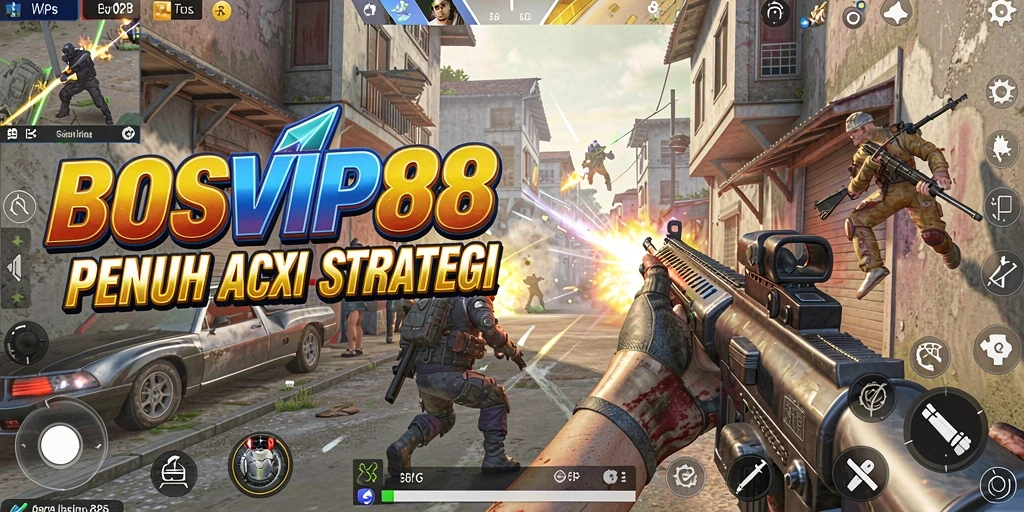Tangkapan layar gameplay BOSVIP88 menampilkan aksi intens di medan perang TPS.