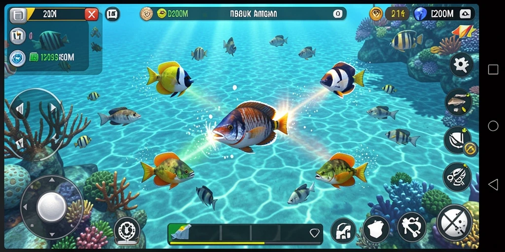 Tangkapan layar D200M menunjukkan aksi menembak ikan yang seru.