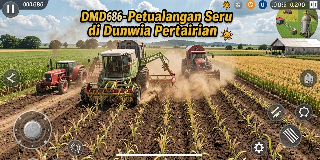 Screenshot DMD686 menampilkan kegiatan bertani yang seru dan berwarna.