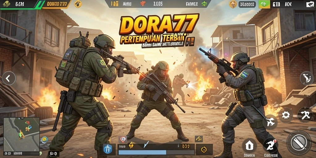Tampilan aksi pertempuran intens dalam DORA77 di arena Battle Royale.