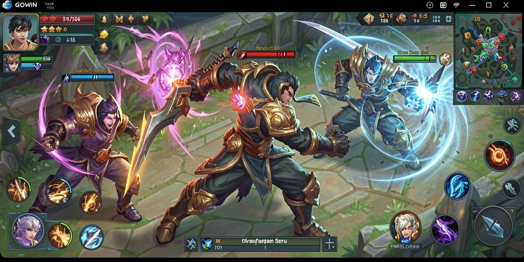 Screenshot GOWIN menampilkan aksi seru di arena pertempuran MOBA.