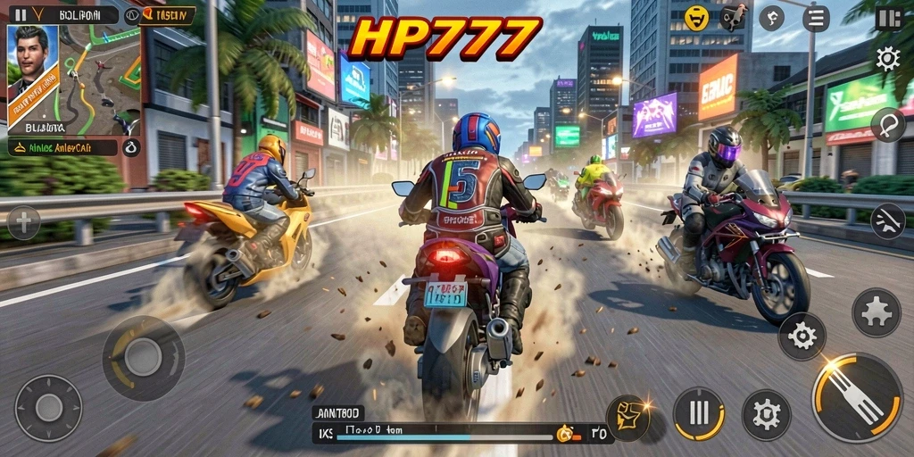 Screenshot gameplay HP777 yang menampilkan aksi balapan motor yang seru.