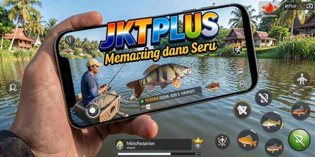 Screenshot gameplay JKTPLUS menampilkan momen seru memancing.