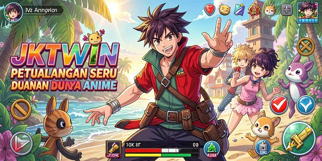 Tampilan gameplay JKTWIN menampilkan karakter anime dalam aksi bertarung.