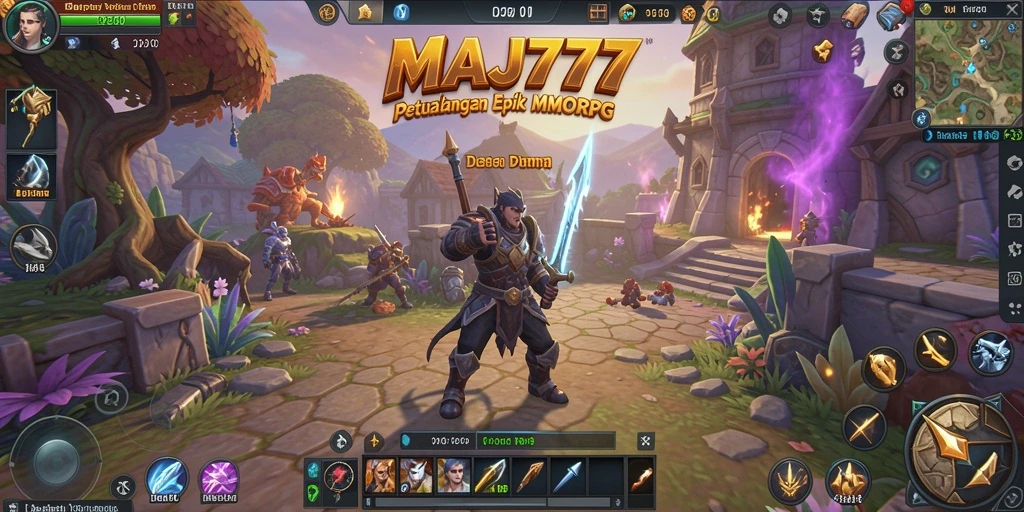 Tangkapan layar gameplay MAJ777, menunjukkan pertempuran seru di dunia fantasi.