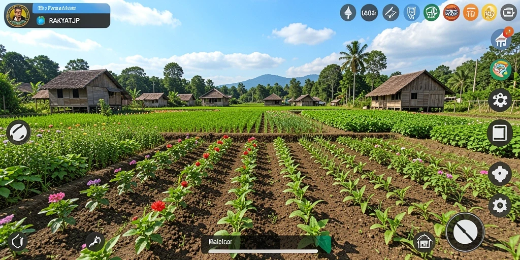 Screenshot gameplay RAKYATJP menampilkan kebun yang indah dan subur.