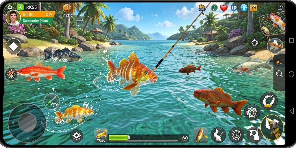 Screenshot gameplay RK55 menampilkan aksi memancing yang seru dan menantang.