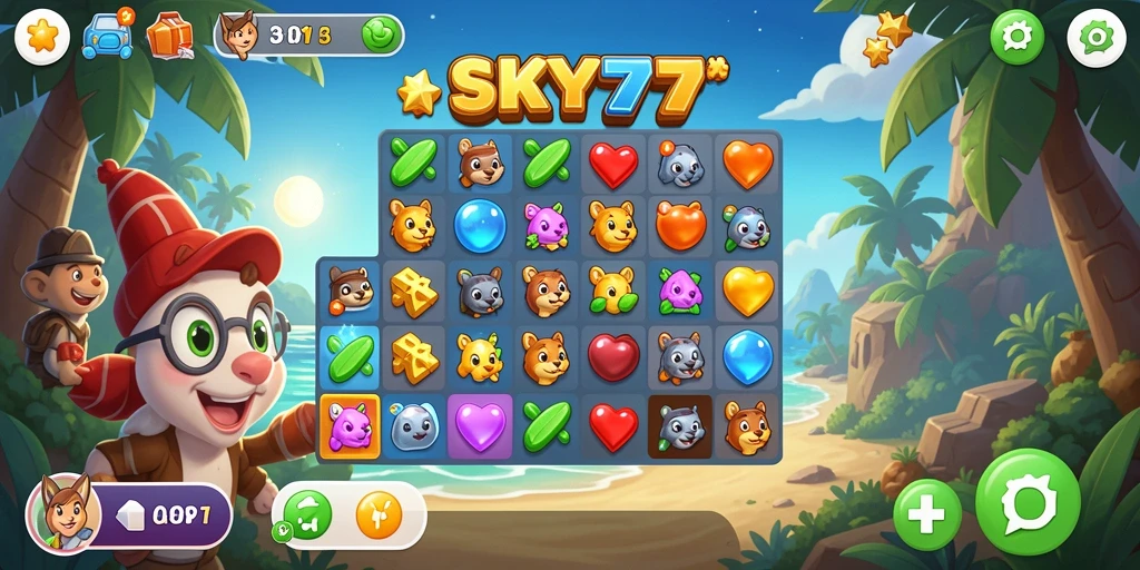 Tampilan mencolok gameplay <strong>SKY77</strong> dalam dunia Match-3.