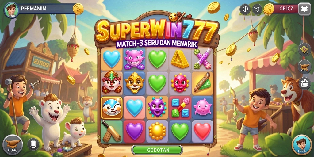 Screenshot gameplay SUPERWIN777 yang menampilkan aksi Match-3 yang seru.