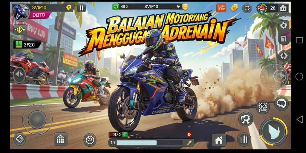 Gameplay seru di trek dengan balapan motor cepat.